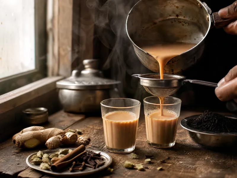 Masala chai being poured through a strainer into small glasses, with cardamom, cinnamon and ginger.