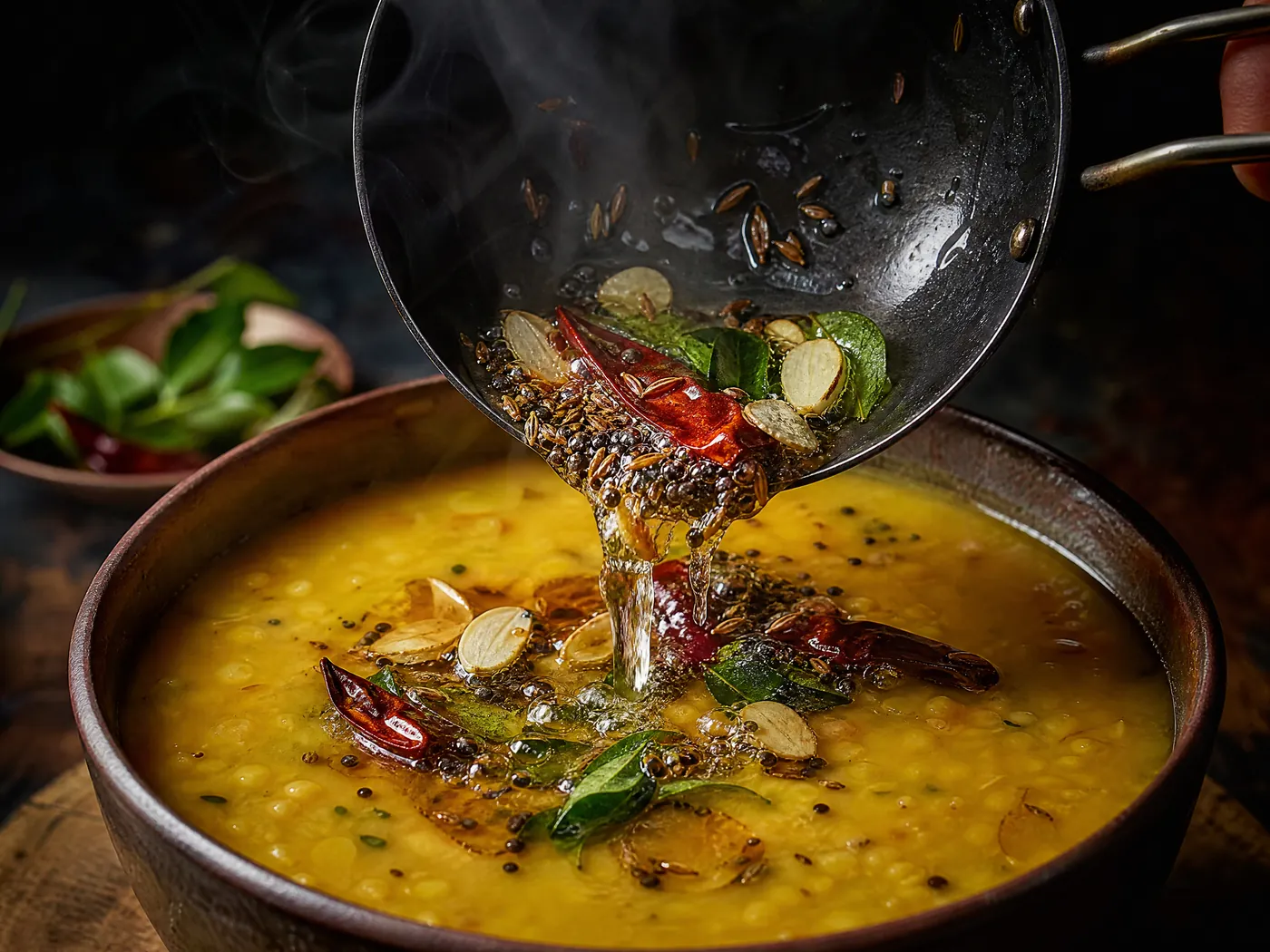 Hot ghee with popping mustard seeds, curry leaves and dried chillies poured over dal.