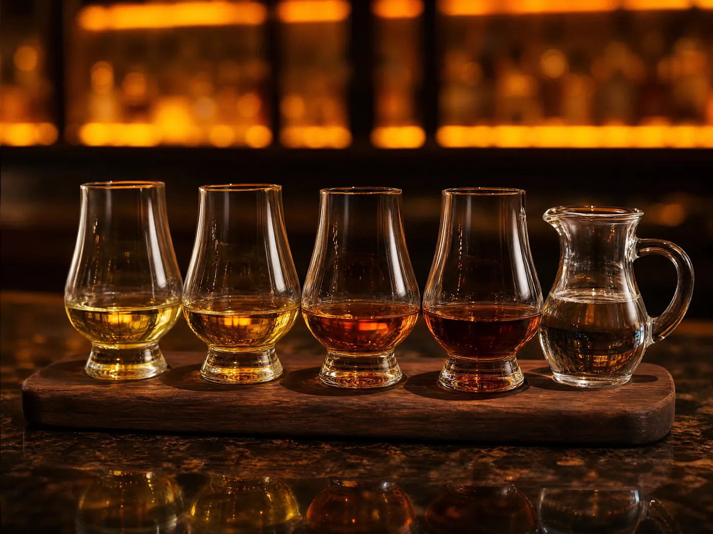 Four tumblers of amber whisky in a tasting flight on a dark wooden bar.
