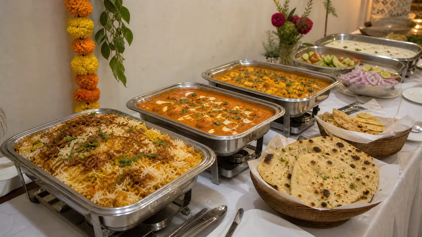 A catering buffet of biryani, curries and naan in chafing trays, with a marigold garland.