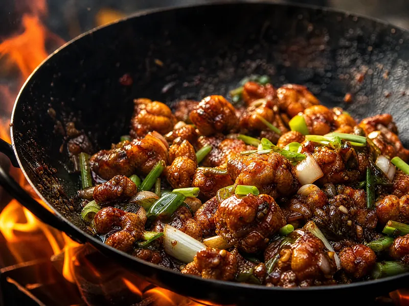 Gobi Manchurian tossed with spring onions in a black wok over a flame.