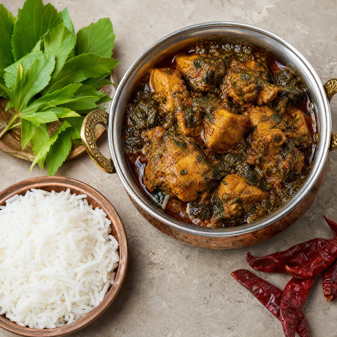 Gongura chicken curry in a copper kadai with steamed rice, fresh gongura leaves and dried red chillies.